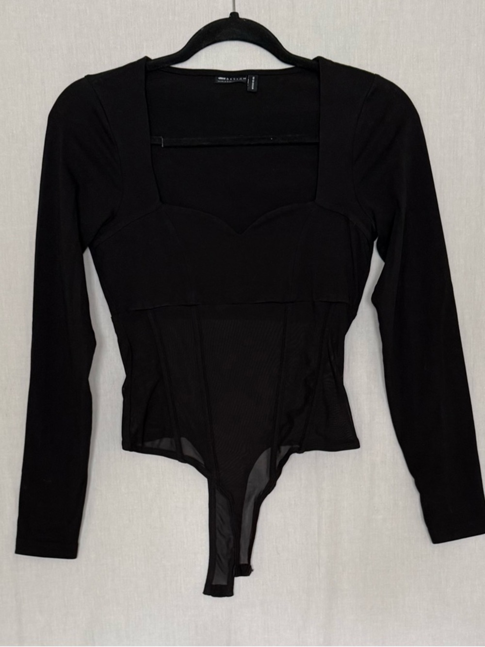 ASOS Black Sheer Mesh Bodysuit US 6 Ruched Front Long Sleeve Corset Style Top